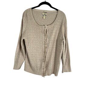 Bass Sweater Women XL Tan Button Crew Cable Knit Cardigan Ruffle Neutral Western